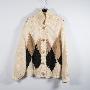Little Lies Hand Knit Chunky Collared Button Front Cardigan Sweater Brown Black
